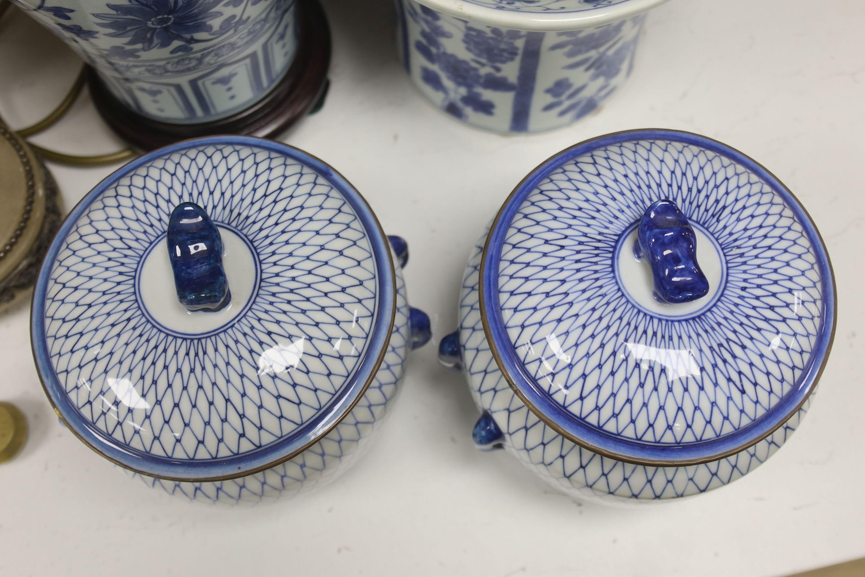 Two Chinese porcelain blue and white lamps, a similar jardinière, two bowls and covers and a hexagonal box and cover